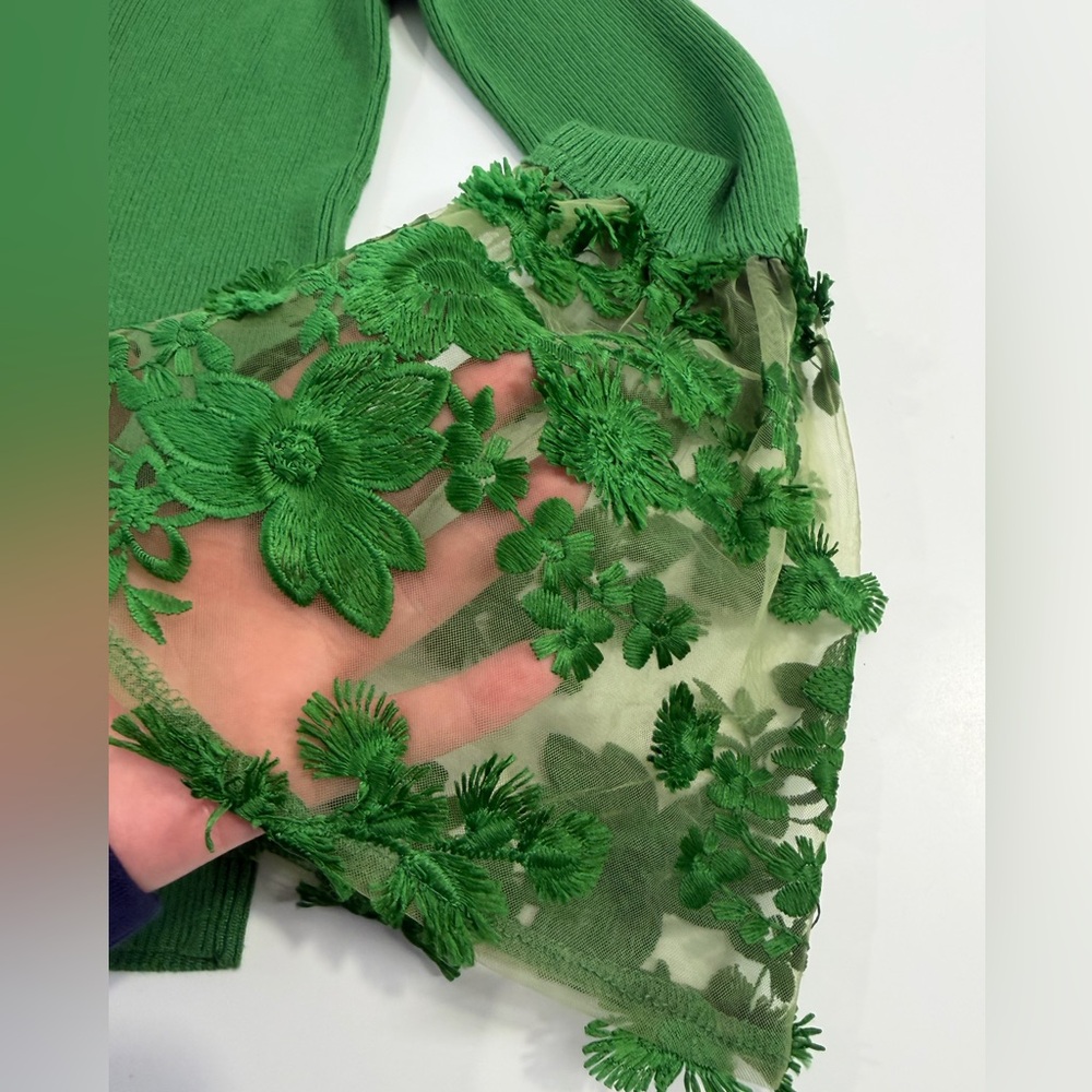 Green Ribbed V Neck Top Sheer Embroidered Bell Sleeve Cottagecore Fairy Boho M - Picture 2 of 11